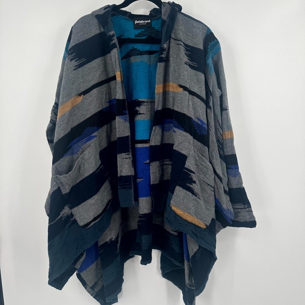 Betabrand Aztec Shawl Poncho Sweater Women Flannel Drap Pocket Hooded Open Front